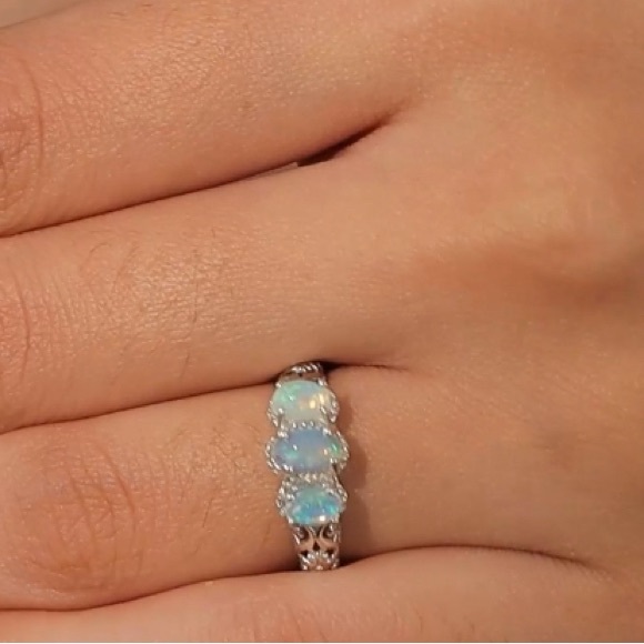 Ethiopian Welo Opal .75ctw 3-stone, Trilogy Sterling Silver/Platinum Plated Ring - Picture 3 of 9